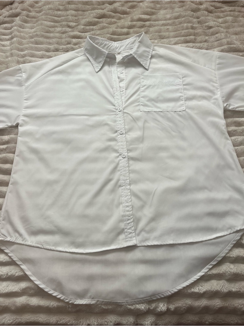 Women’s White Half-Sleeve Button-Up Shirt w/ Chest Pocket. Classic crisp preppy.